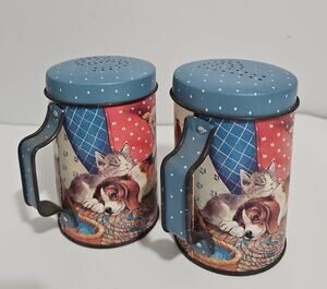 Vintage JSNY Tin Cats & Dogs Handled Salt & Pepper Shakers 4" Tall